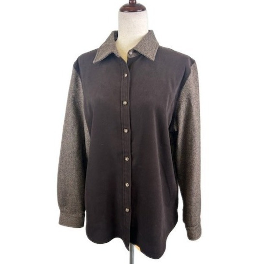 Talbots Wool Blend Herringbone‎ Tweed Elbow Patch Button Top Shirt Brown Size 14